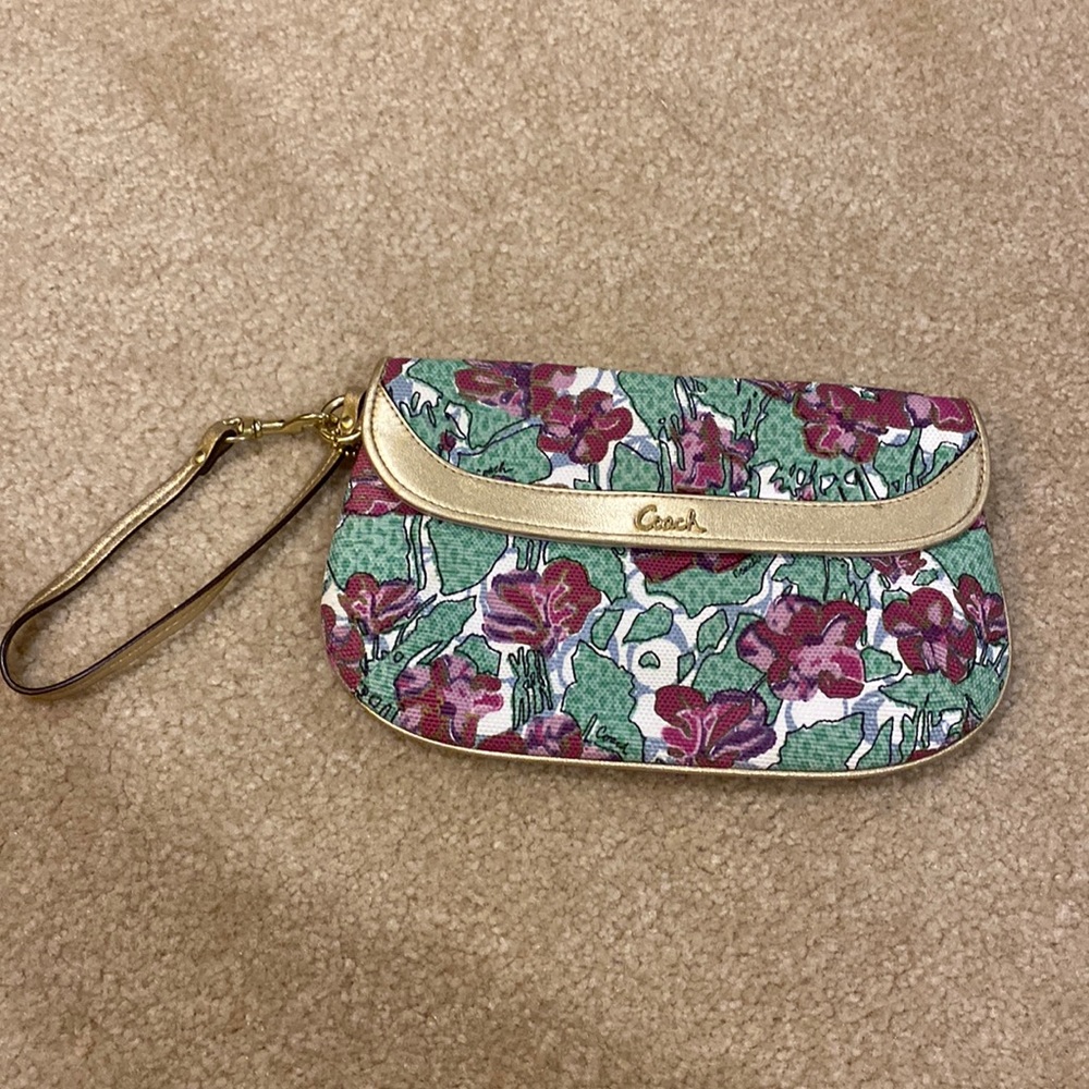 Coach purple and green flowered wristlet